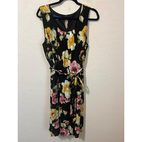 Apt. 9 XL Black Sleeveless Dress Bright Floral Pattern Fit and Flare Lined Belte - Picture 1 of 10